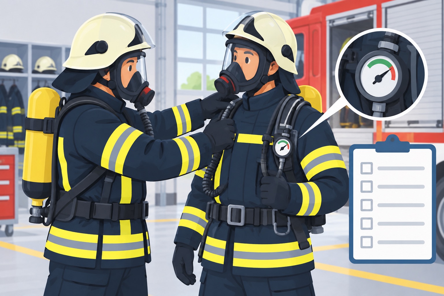 Illustration einer gegenseitigen Ausrüstungskontrolle im Feuerwehrtrupp.