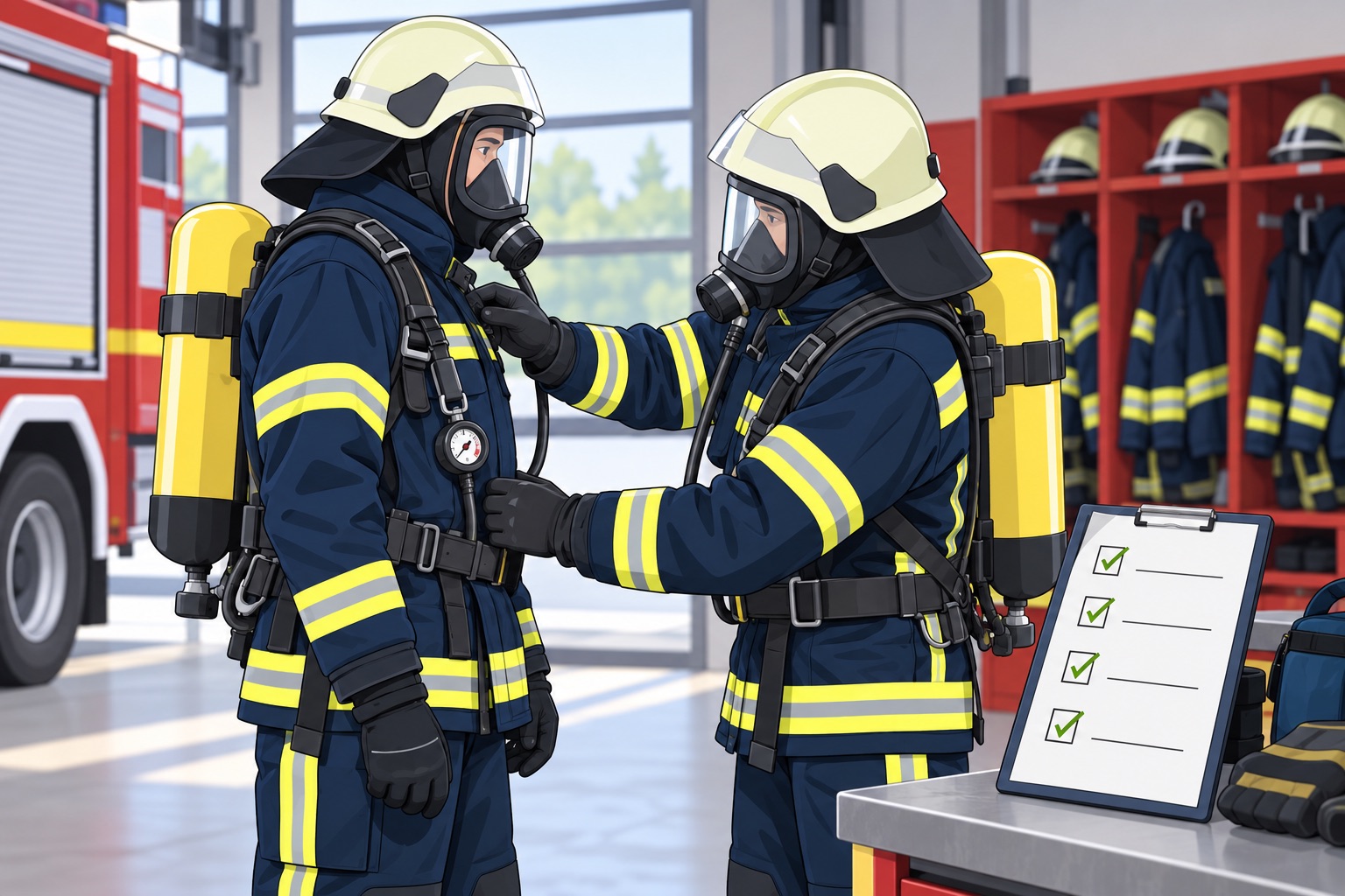 Zwei Feuerwehrangehörige prüfen im Gerätehaus gemeinsam ihre Ausrüstung.