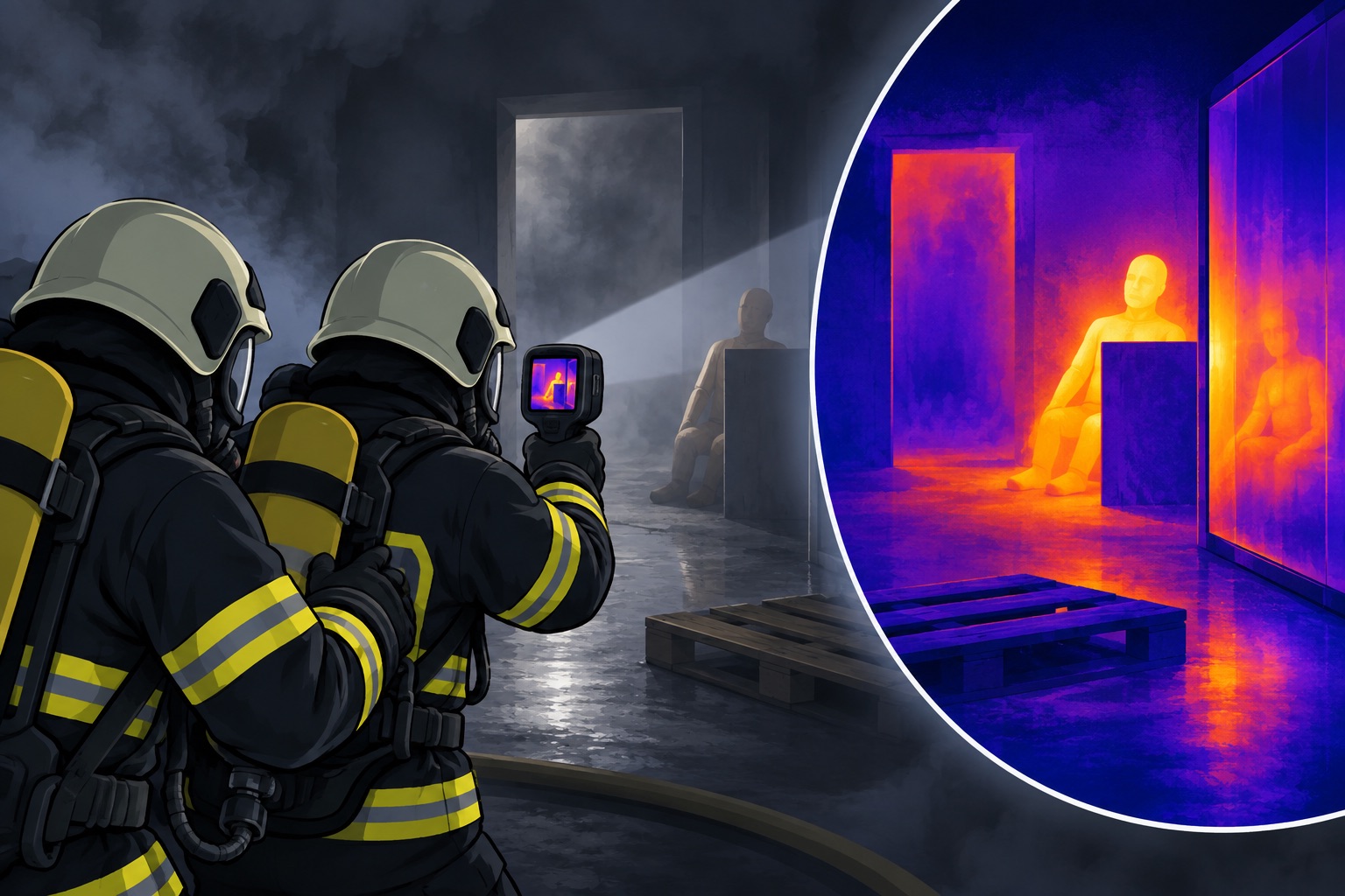 Ein Feuerwehrtrupp und die Wärmebilddarstellung einer Raumszene.